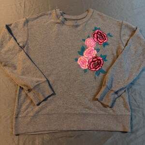 Hollister Gray Crewneck Sweatshirt with Pink Rose Floral Embroidery